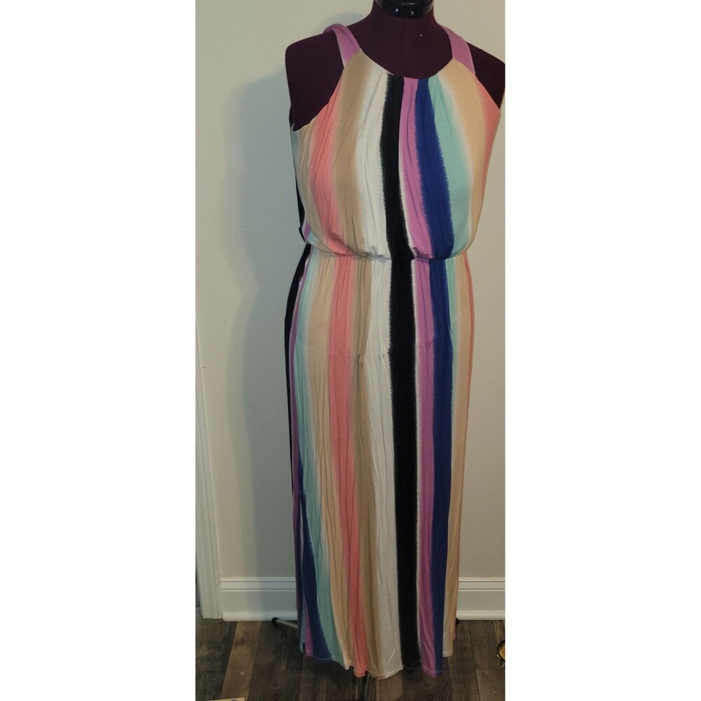 Design 365 Womens L Multicolor Striped Maxi Dress Sleeveless Keyhole Side Slits